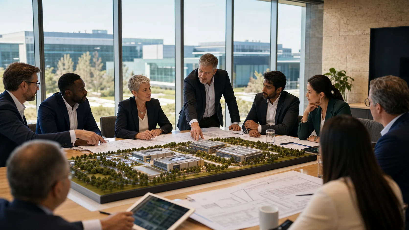 Infrastructure partners reviewing a data centre campus model